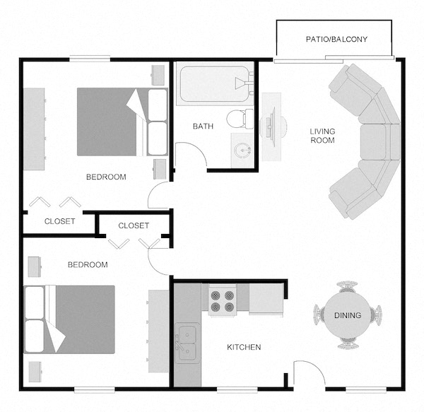 Floor plan for 2 beds, 1 bath, 728 sqft